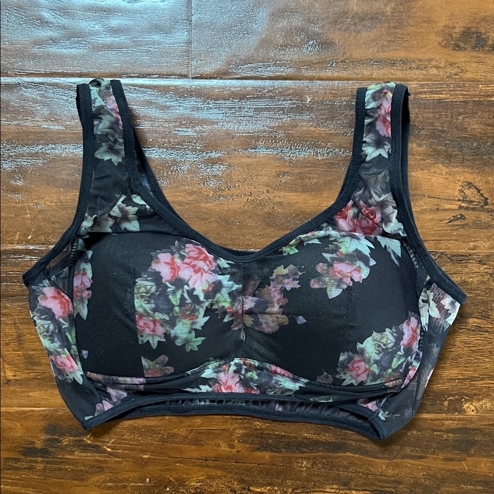 Floral Mesh Comfort Wireless Bralette - Black/Pink Size Large